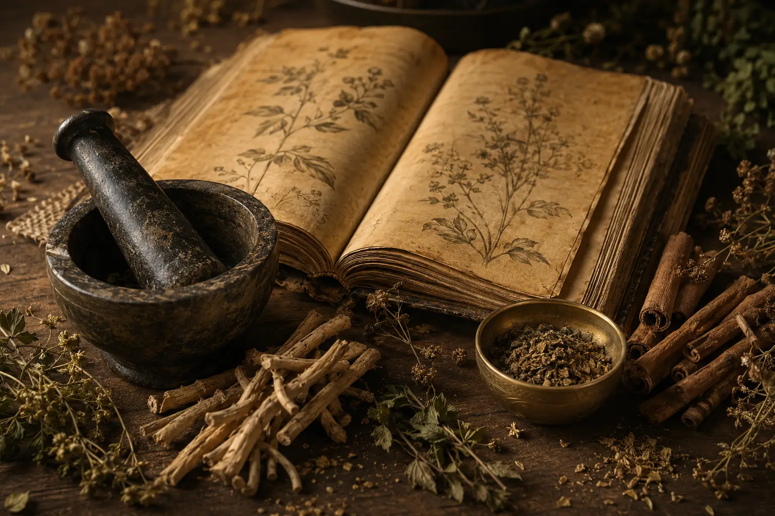 Traditional Ayurvedic journal, herbs, mortar and pestle